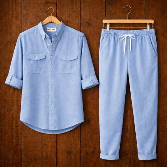 Mens Button Up Cotton Full Sleeve Shirt and Pants Set TTMSPTS114 - Light Blue