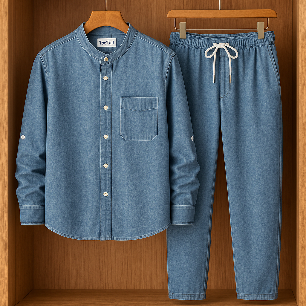 Mens Button Up Cotton Chambray Denim Full Sleeve Shirt and Pants Set TTMSPTS8 - Blue