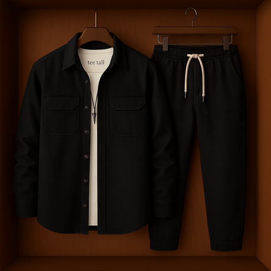 Mens Button Up Cotton Full Sleeve Shirt and Pants Set TTMSPTS27 - Black