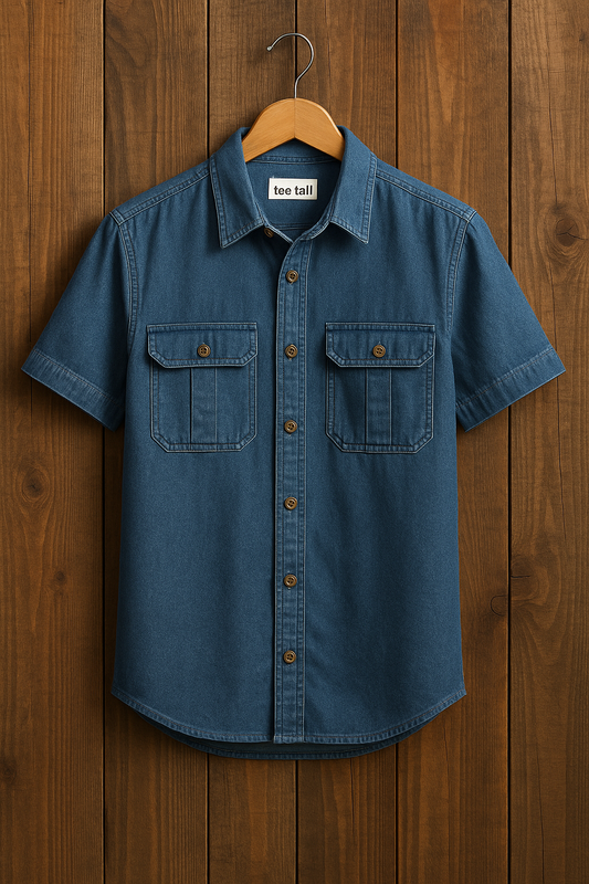 Mens Button Up Cotton Chambray Denim Half Sleeve Shirt TTMBUS59 - Blue