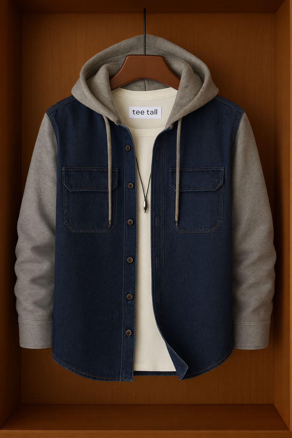 Mens Button Up Cotton Chambray Denim Hooded Full Sleeve Shirt TTMBUS133 - Blue