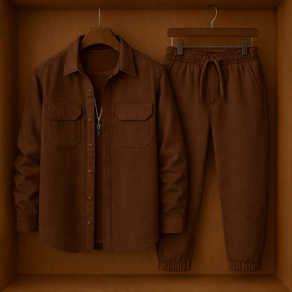 Mens Button Up Cotton Full Sleeve Shirt and Pants Set TTMSPTS47 - Brown