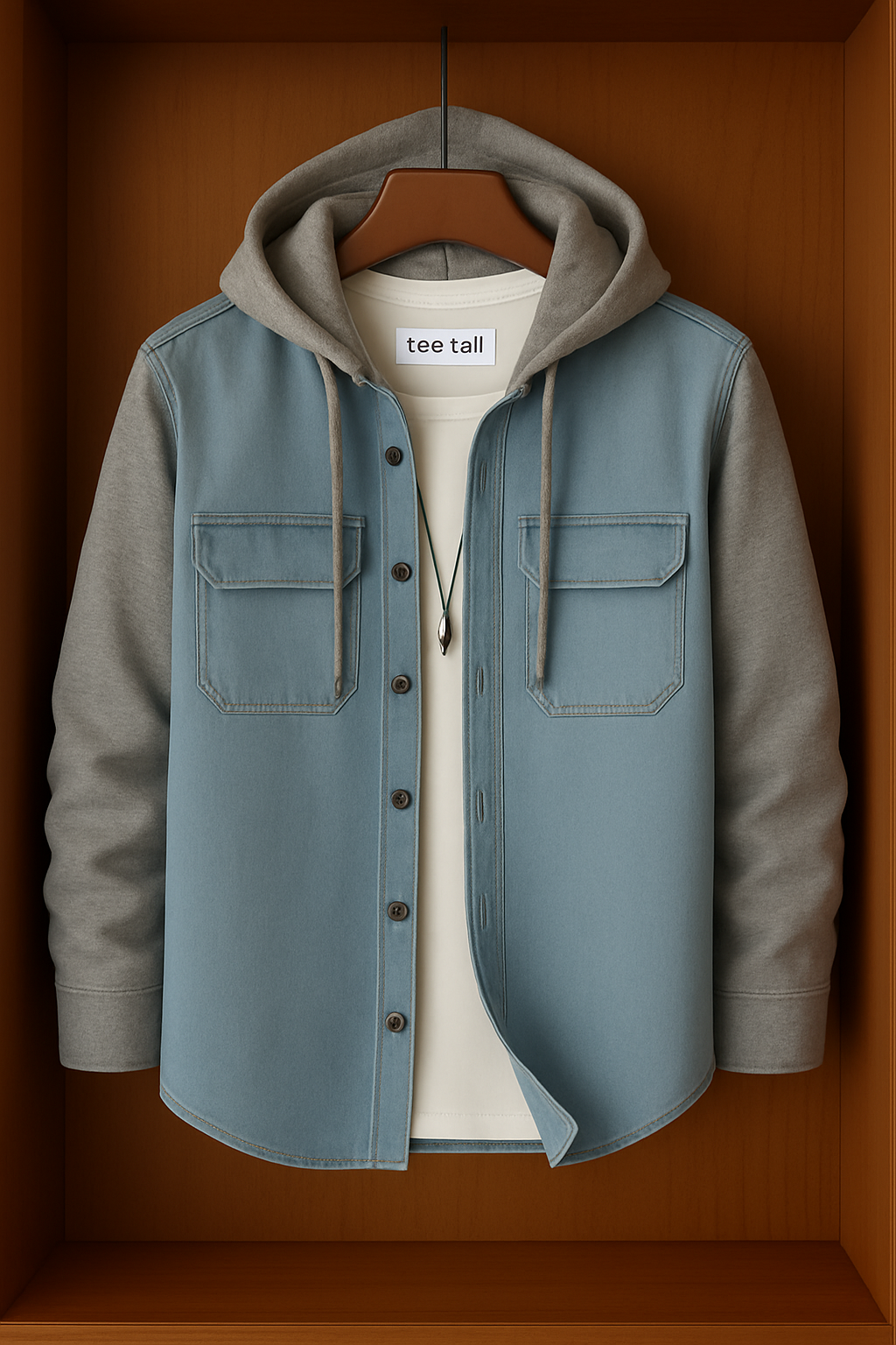 Mens Button Up Cotton Chambray Denim Hooded Full Sleeve Shirt TTMBUS111 - Blue