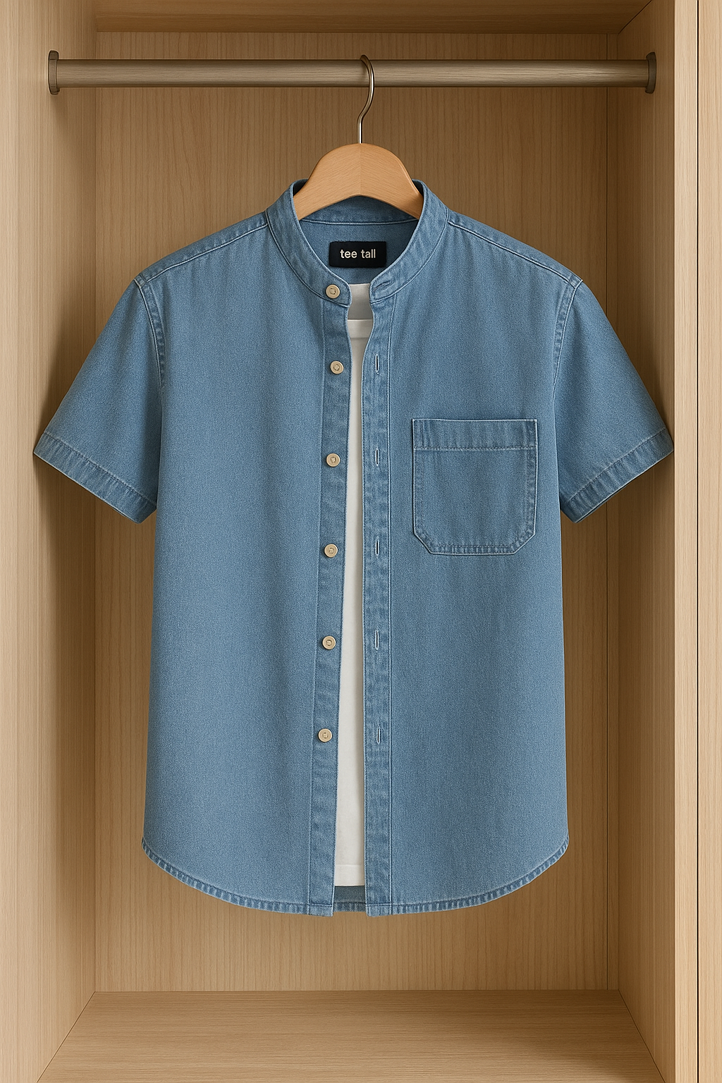 Mens Button Up Half Sleeve Chambray Denim Cotton Shirt TTMBUS34 - Blue