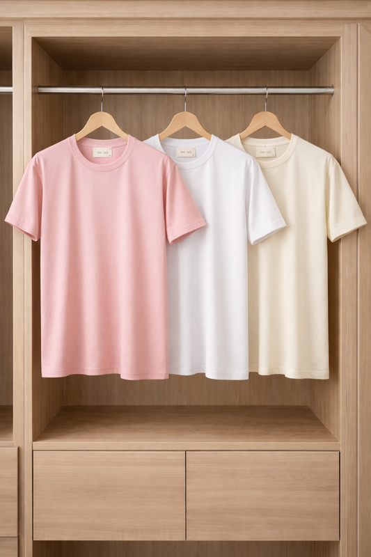 Mens 3 Plain Round Neck T-Shirt Bundle FAMTSB17 - Pink White Cream