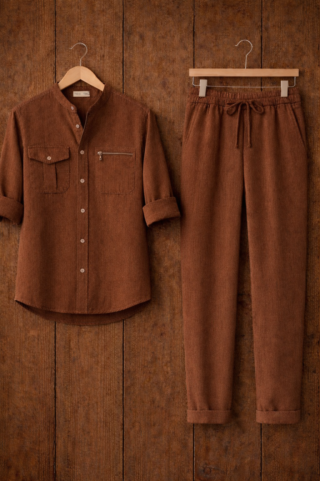 Mens Button Up Cotton Full Sleeve Shirt and Pants Set TTMSPTS120 - Brown