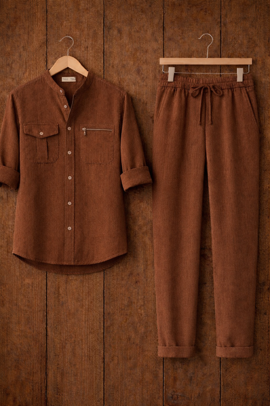 Mens Button Up Cotton Full Sleeve Shirt and Pants Set TTMSPTS120 - Brown