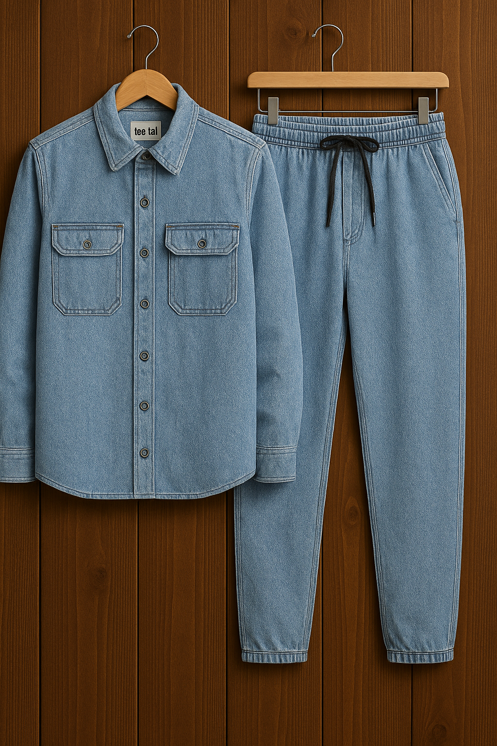 Mens Button Up Cotton Chambray Denim Full Sleeve Shirt and Pants Set TTMSPTS2 - Blue