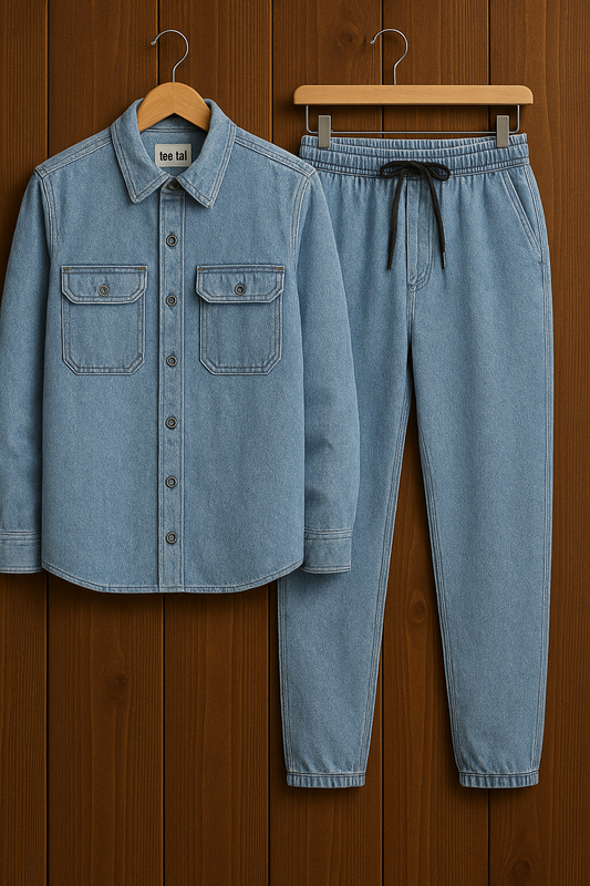 Mens Button Up Cotton Chambray Denim Full Sleeve Shirt and Pants Set TTMSPTS2 - Blue